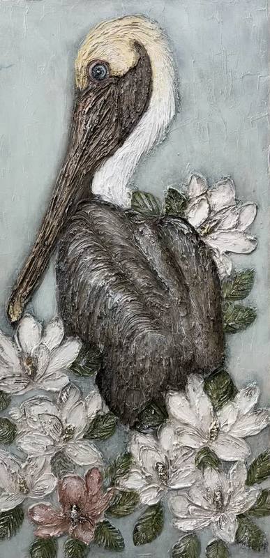 A pelican stands among blooming flowers, characterized by layered textures and soft colors, evoking a serene and harmonious natural scene.