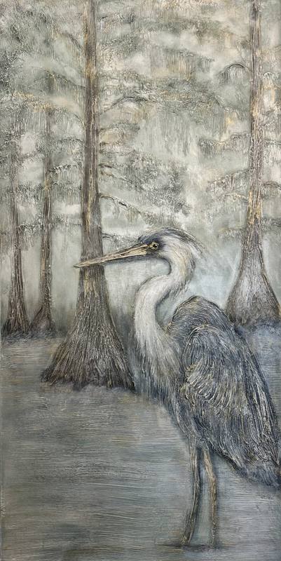 A textured artwork depicting a heron standing against a backdrop of tall trees, showcasing a serene natural landscape.