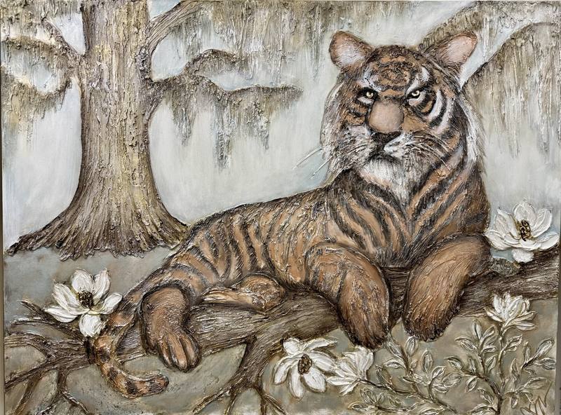 A textured artwork depicting a tiger resting on a branch with white flowers and a textured tree in the background.