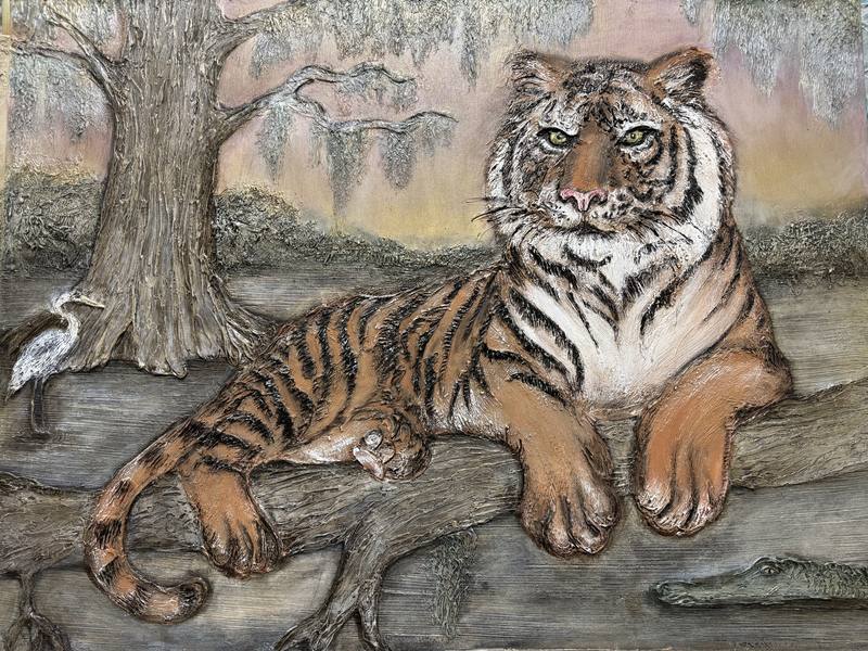 A majestic tiger reclining on a branch in a natural setting, with a heron perched nearby amidst a lush, textured background.