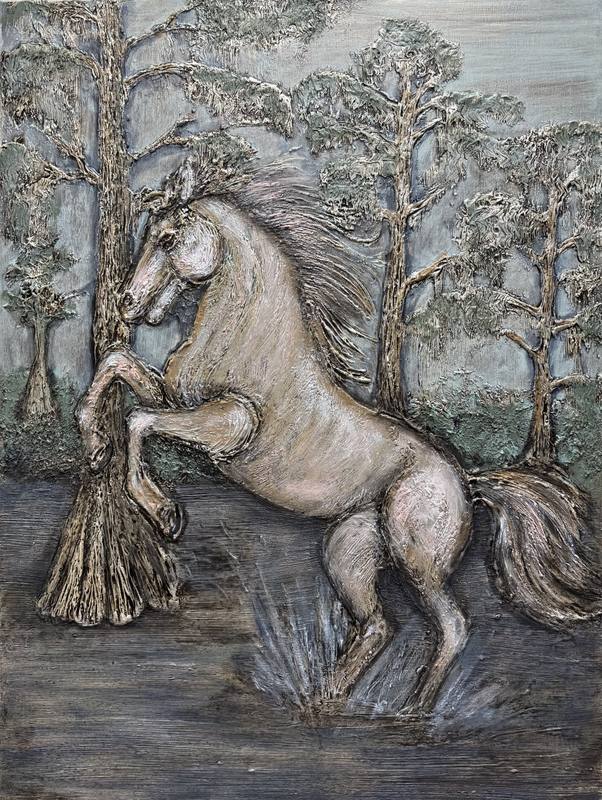 A dynamic artwork of a rearing horse in a forest, showcasing textured details and earthy tones that evoke a sense of motion and tranquility.
