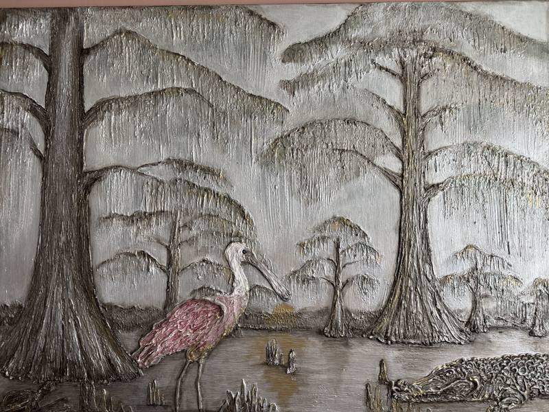 A textured bayou scene featuring cypress trees, a pink bird by the water, and an alligator, creating a serene and natural atmosphere.