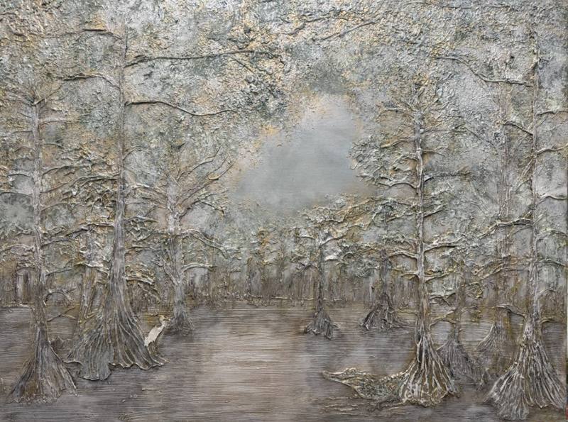 A serene landscape depicting tall trees rising from a calm water surface, with a muted color palette and metallic accents creating an ethereal atmosphere.