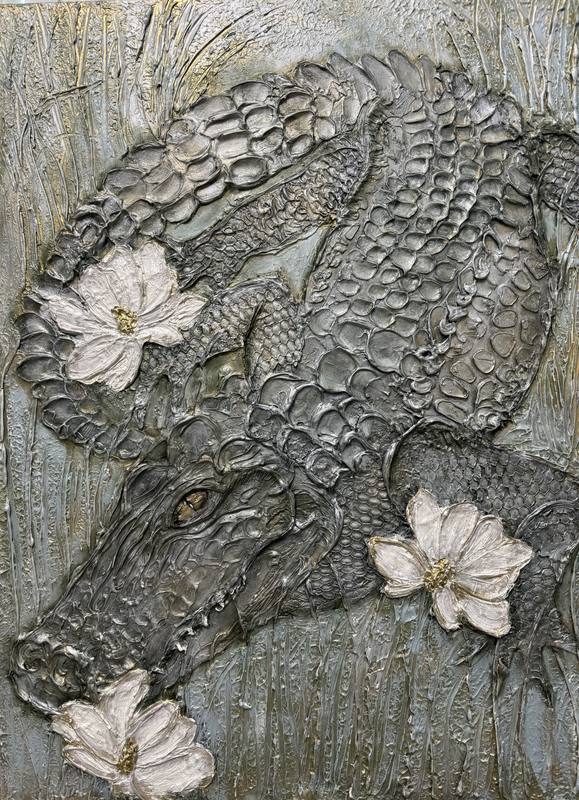 Textured artwork depicting a crocodile intertwined with flowers, showcasing a contrast between rugged surfaces and delicate blooms.