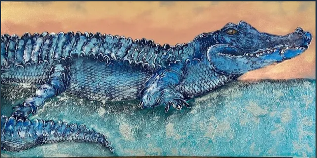 A vibrant blue crocodile depicted against a pastel background, showcasing detailed textures and a reflective gaze.