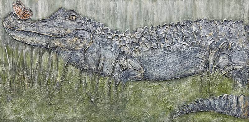 Artwork depicting an alligator resting with a butterfly on its snout, set against a textured green and gray background.