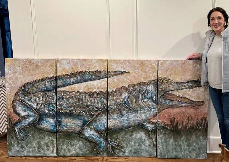 A multi-panel artwork depicting a crocodile in vibrant colors against a softly blended background.