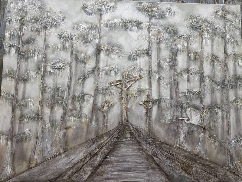 A textured landscape artwork depicting a misty forest with towering trees and a bird in flight over a winding path.