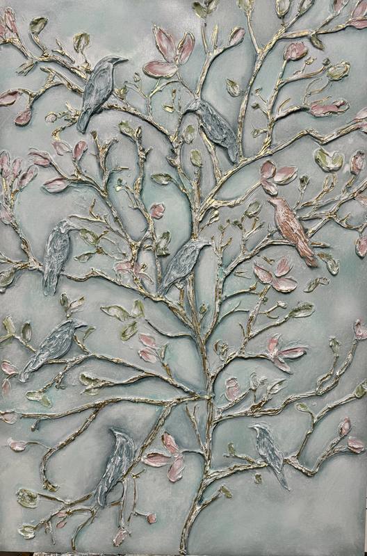 Artwork featuring birds on branches with blossoms, showcasing serene colors and a textured surface.