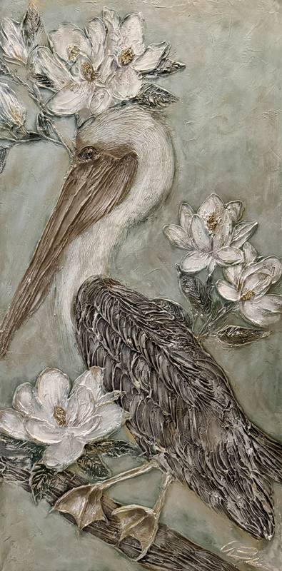 Artwork depicting a pelican surrounded by magnolia flowers, featuring layered textures and soft colors.