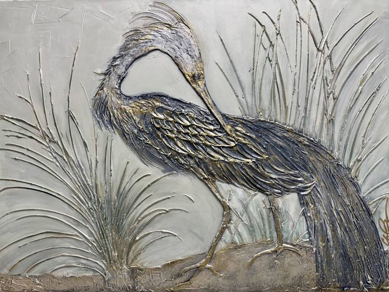 A graceful bird with an elongated neck stands amidst slender grasses on a softly textured background.