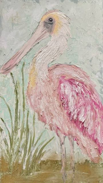 A tranquil illustration of a pink bird standing amidst grassy reeds, set against a soft background.