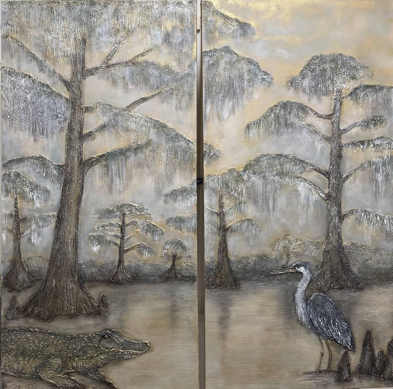 A serene wetland scene featuring textured trees, an alligator by the water's edge, and a poised heron amidst a tranquil landscape.