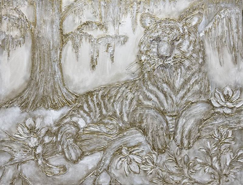 A textured artwork featuring a resting tiger on a tree branch, surrounded by flowers and foliage in a serene, metallic color palette.