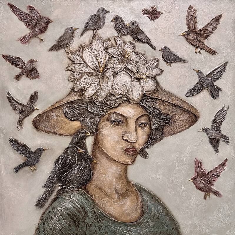 A contemplative figure with a floral hat surrounded by various birds, embodying themes of nature and introspection.