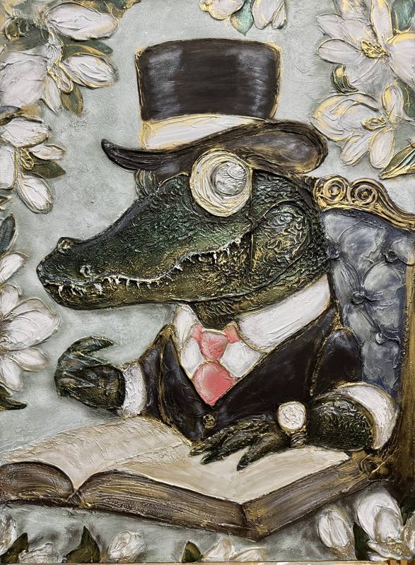 A textured depiction of a crocodile in a formal suit and top hat, seated at a table with an open book, surrounded by floral elements.