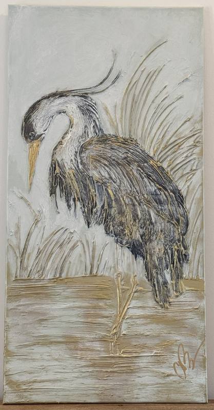 An elegant heron poised in a natural setting, depicted with a soft color palette and textured surface.