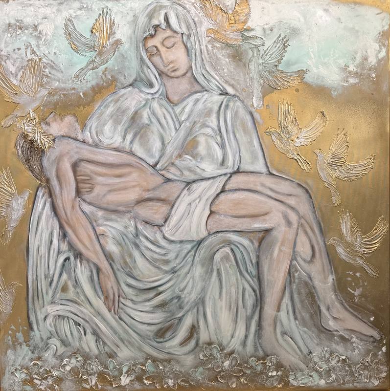 Artwork featuring a serene figure cradling a youthful form, surrounded by birds and a textured background in soft colors.