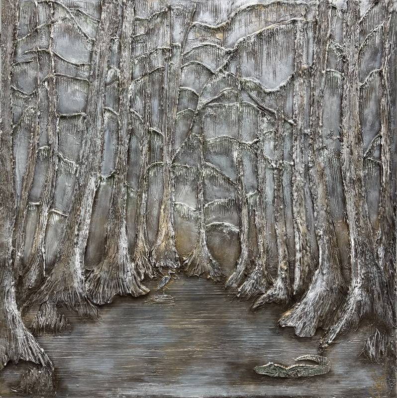 A textured artwork depicting a serene swamp with tall, gnarled trees and a calm pool, featuring a partially submerged crocodile.