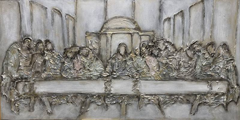 A textured artwork depicting a group of figures in a traditional composition, with layered forms and a subdued color palette.