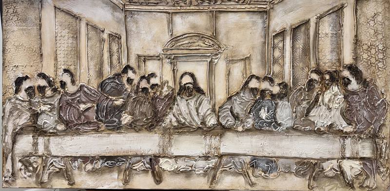 Reimagined gathering of seated figures in muted earth tones, featuring textured dimensions and a central focus on interaction.