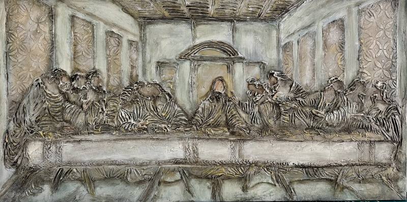 A textured artwork depicting a historical scene with figures around a long table, showcasing muted tones and dimensional details.