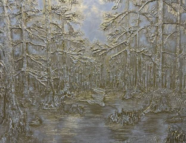 Swamp landscape featuring tall trees and reflective waters, creating a serene and tranquil atmosphere.