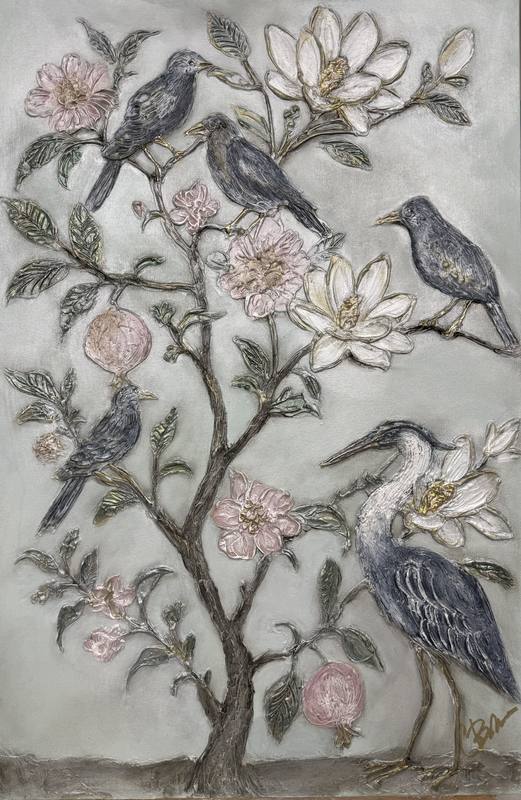 Artwork depicting birds and flowers on a tree with a textured surface.