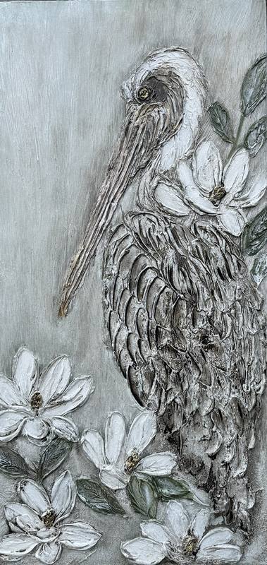 A textured artwork depicting a bird with layered feathers standing among blooming white flowers and green leaves against a soft backdrop.