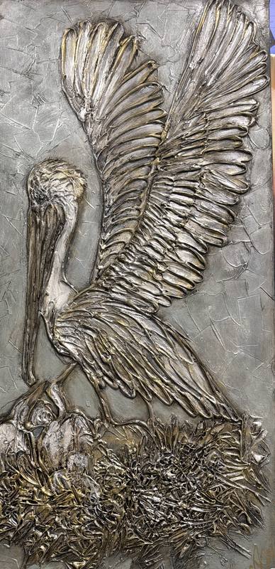 A textured artwork depicting a pelican with its wings spread wide, set against a gray background, showcasing intricate details and a dynamic composition.
