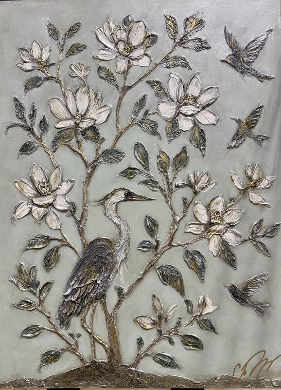 Artwork depicting a heron surrounded by blooming flowers and small birds, emphasizing nature's beauty.