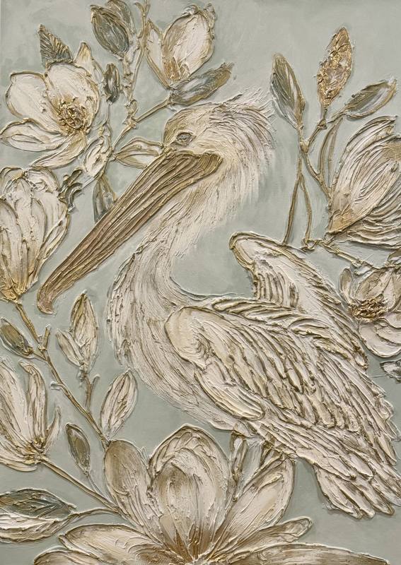 A textured artwork depicting a pelican surrounded by magnolia flowers against a soft background.