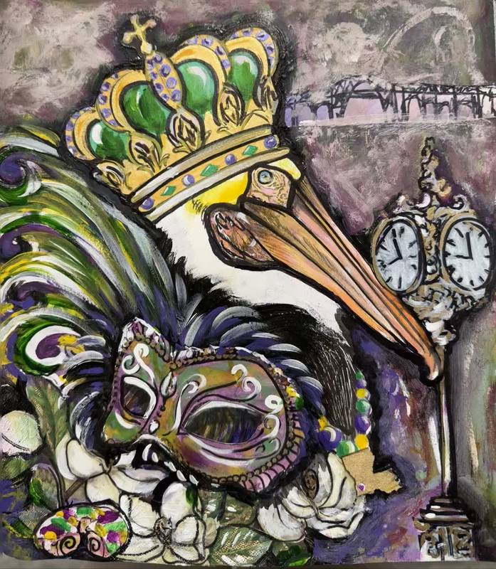 Artwork depicting a crowned bird, a colorful masquerade mask, and a vintage clock, set against a textured backdrop.