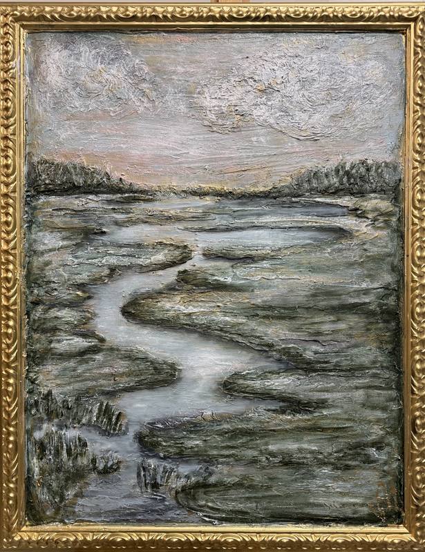 A tranquil landscape artwork depicting a winding waterway through a marsh, featuring muted colors and textured surface details.