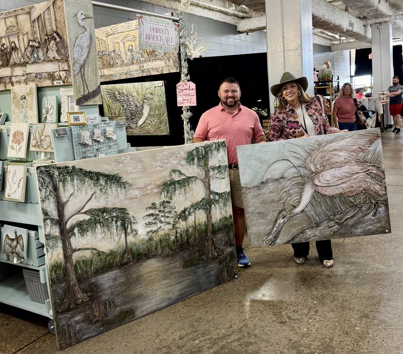 A serene landscape artwork featuring a waterway with trees and a pink bird in flight, highlighting themes of tranquility and nature.