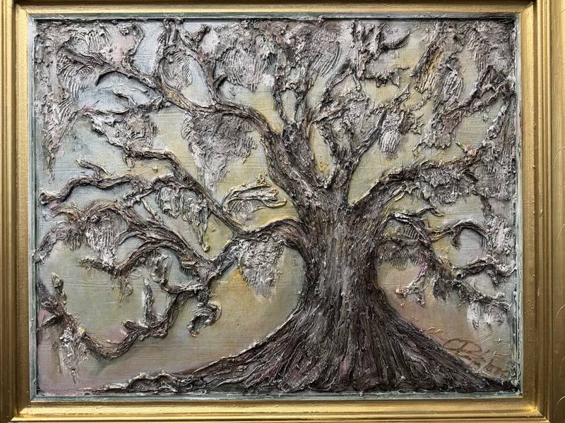 A textured artwork of a gnarled tree with sprawling branches against a soft background, emphasizing natural beauty and depth.