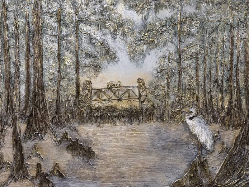 A textured landscape featuring a white heron standing by a water body with layered trees and a distant bridge, conveying a serene natural scene.