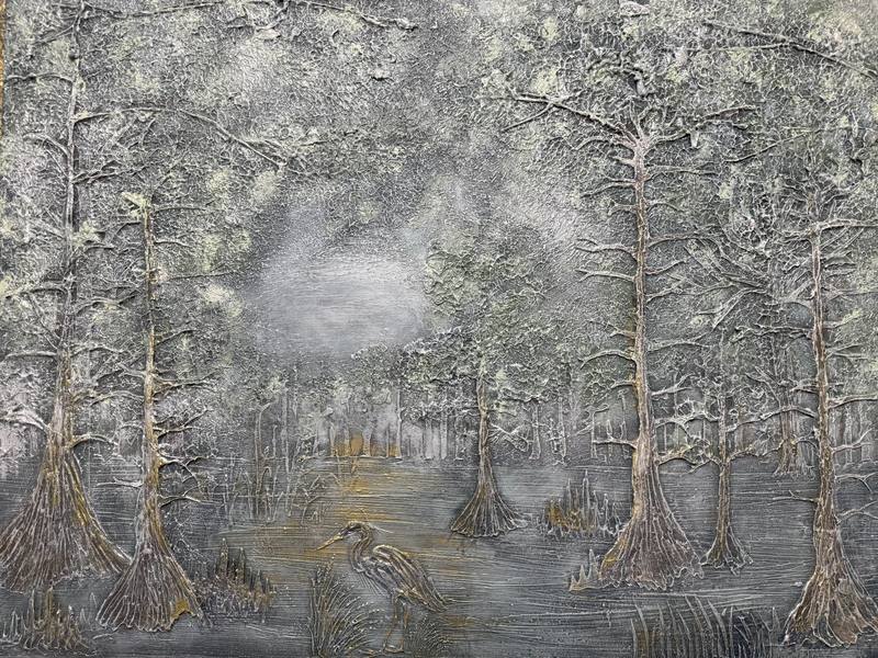 A serene woodland landscape featuring textured trees and a solitary bird in a tranquil natural setting.