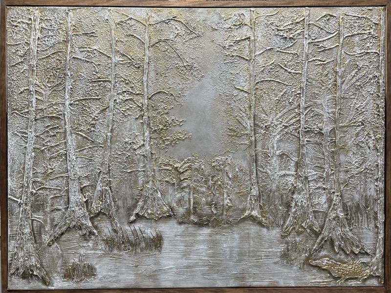 A textured artwork depicting a serene forest scene with tall trees and soft underbrush, presented in muted metallic tones.