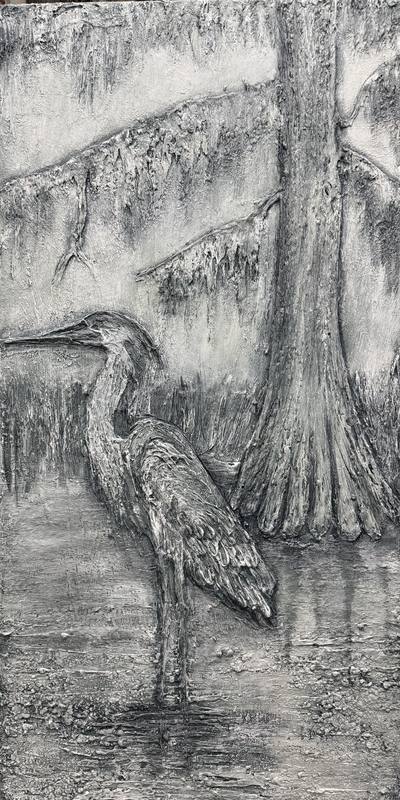 A textured artwork depicting a heron standing near a water's edge, surrounded by a soft gray landscape.