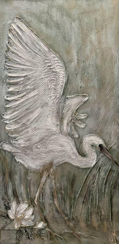 A textured artwork depicting a graceful heron with wings spread, accompanied by a delicate white flower on a muted background.