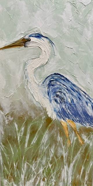 Art depicting a blue heron in a natural setting, featuring textured surfaces and a calming color palette of blues and earth tones.