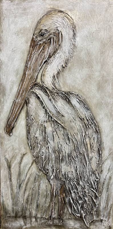 Textured artwork of a pelican in profile, featuring layered details and a muted background.