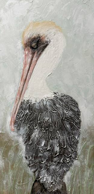Textured artwork of a pelican with intricate feather details against a soft background.