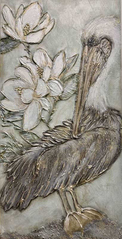 A textured artwork featuring a pelican beside white magnolia flowers, showcasing a serene color palette and intricate details.