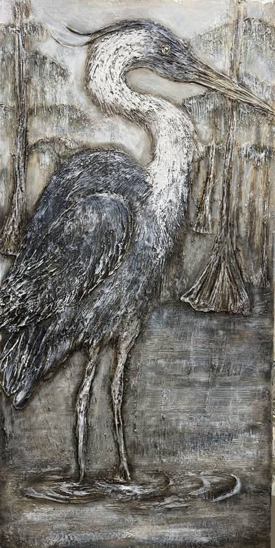 An elegantly depicted heron standing in water, featuring textured details and a tranquil atmosphere amid abstract vegetation.