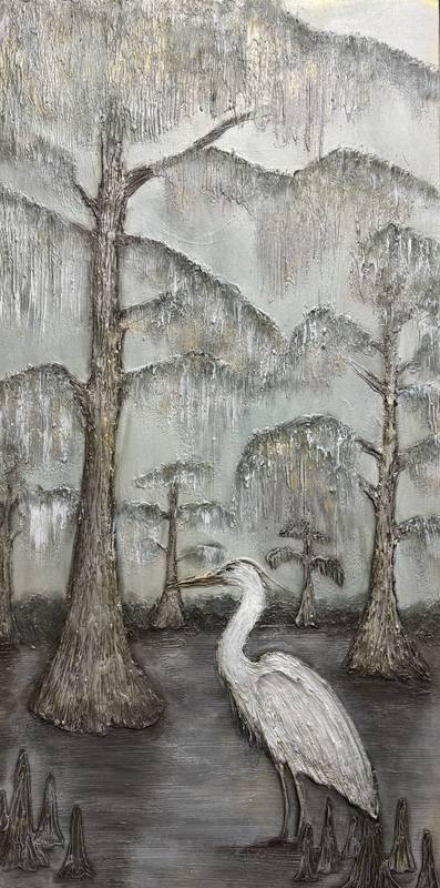 A textured artwork featuring a white heron standing in a muted wetland landscape with trees in the background.