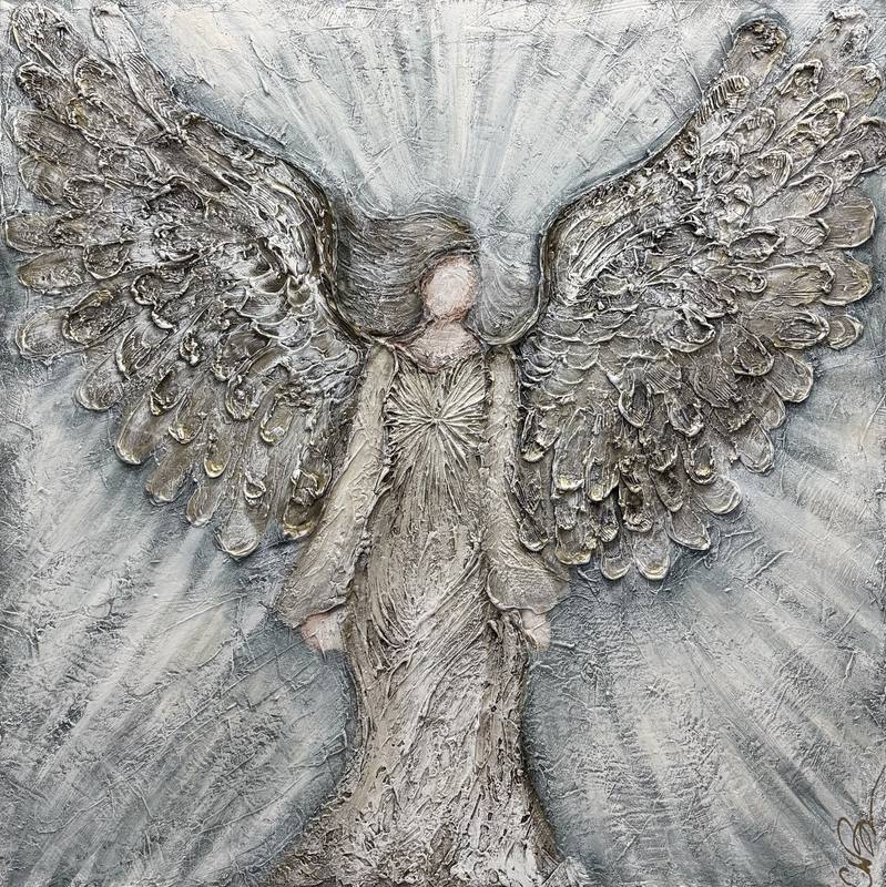 An ethereal figure with large wings stands against a soft gray background, radiating light and embodying grace.