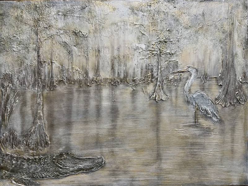 A serene landscape depicting a heron standing by a body of water with a resting crocodile nearby, surrounded by trees and mist.