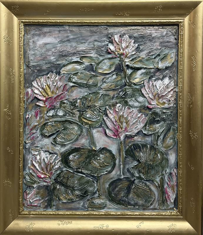 An artwork depicting a tranquil scene of water lilies and lily pads, featuring textured floral elements in soft pinks and greens.